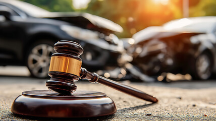 A judge gavel placed before damaged cars, representing legal responsibility insurance claims and traffic accident litigation concept.
