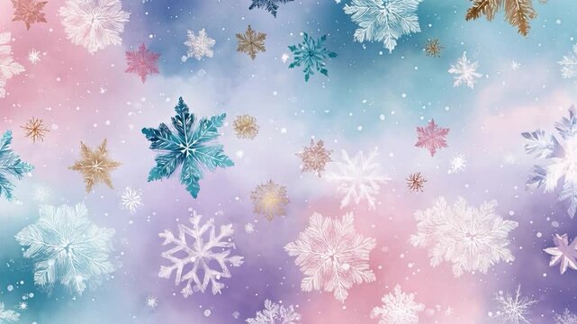 Snowflake pattern pastel winter background watercolor sky frost crystal design dreamy seasonal holiday texture abstract ice crystal art gentle festive decorative fantasy illustration