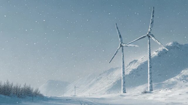 Snowy wind turbine winter wind farm renewable energy mountain landscape snowfall clean energy wind power cold climate rural scene sustainable power generators spin silently with serene winter wind