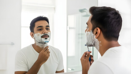 Man Applying Shaving Cream While Another Man Shaves with Razor in Bright Bathroom Grooming Routine