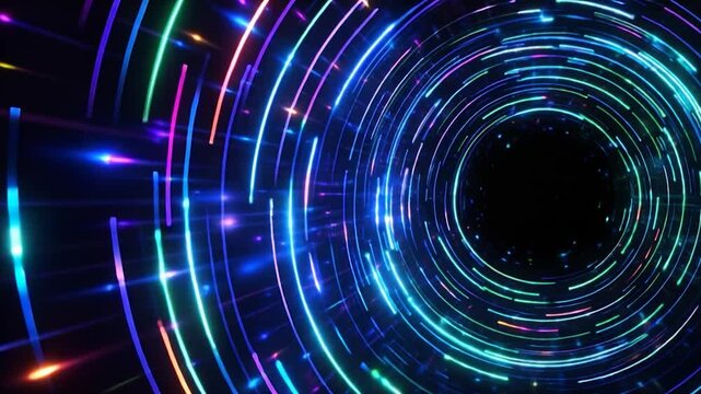 Neon circle glowing ring light trail abstract tunnel digital background futuristic pattern colorful vortex motion blur dark space sci fi concept neon spiral tunnel with glowing light trail motion