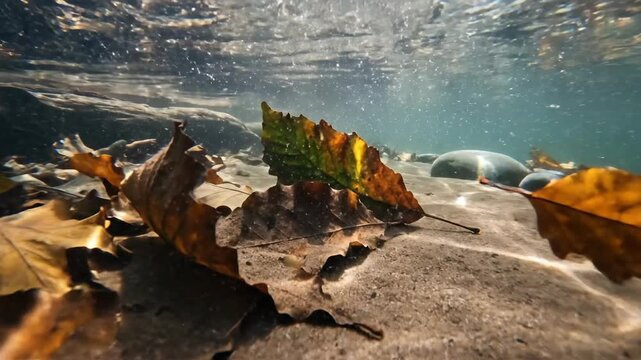 Underwater Leaves Rest on Sandy Riverbed Motions.
