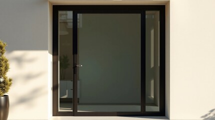 Fototapeta premium modern minimalist contemporary glass door black metal frame house entrance architectural realism neutral tones natural lighting