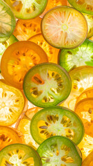 Fresh green and yellow tomato slices background texture pattern