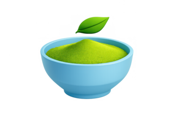 Matcha green tea powder in bowl, green leaf icon, healthy superfood, antioxidant, creating a tea ceremony concept