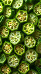 Fresh green okra slices background texture pattern