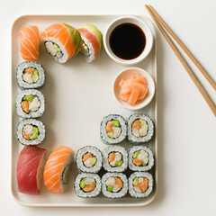sushi platter with salmon and tuna nigiri, assorted maki rolls, soy sauce and ginger on white tray, clean minimalist Japanese food presentation, top view with copy space