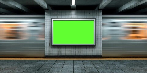 Blurred motion of a train passing by a station platform with empty billboard mockup for advertising space. Green screen. Dynamic subway scene.