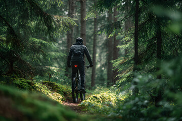 Obraz premium Biking through a wooded path in the forest during daylight hours