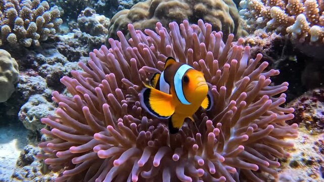 three underwater frames show clownfish around pink anemone in reef water.