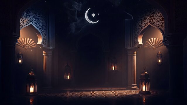 Radiant Ramadan Nights & Joyful Eid El-Fitr Celebrations Islamic Lanterns Scene Wallpaper