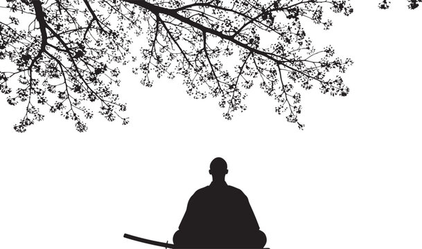 A serene figure meditating beneath blossoming branches a dark silhouette - Powered by Adobe