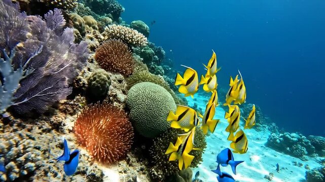 Colorful reef teeming with yellow tang fish underwater.