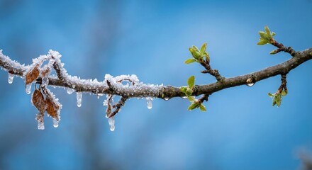 Transition from Winter to Spring on Tree Branch with Ice and New Buds