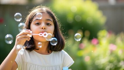 Young girl blowing soap bubbles with heart wand in sunny garden outdoor childhood joy and innocence
