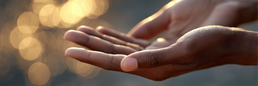a close-up side shot of two hands almost touching, against a warm, neutral bokeh background emotionally intense, with ample copy space