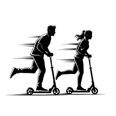 Man and woman riding kick scooters Isolated On Transparent Background.