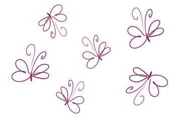 Purple hand drawn butterfly line art sketches isolated on transparent background for design