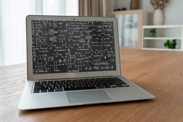 Mathematic equations and modish formula on computer screen showing concept of science and education