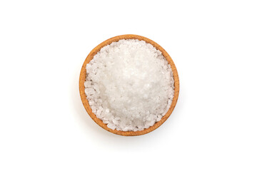 A bowl of sea salt on a white background.