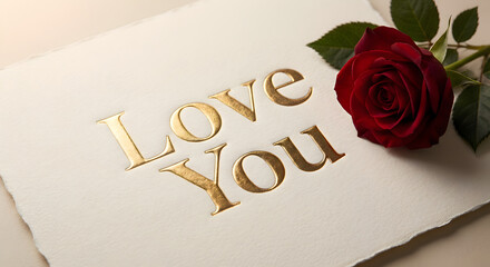 Love you gold embossed text, red rose flower on white paper, romantic valentine greeting card, luxury golden typography, wedding anniversary message, elegant holiday background, closeup floral design.