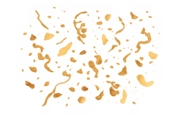 Golden confetti and ribbons falling, celebrating party, luxury event, festive glitter explosion, transparent background