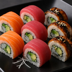colorful sushi rolls assortment with salmon, tuna, and glazed eel uramaki on a black plate, close-up Japanese cuisine presentation, premium restaurant food concept