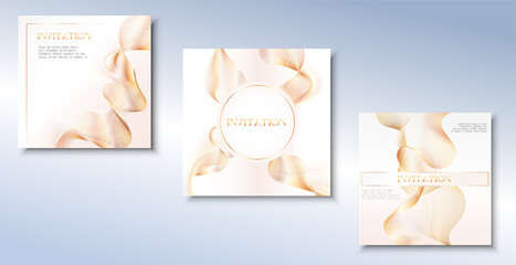 Golden Luxury white square invitation , card, wedding Premium geometric Golden wave line frame typography design. Elegant background for advertising, gala card, grand opening, party, layout