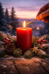 A christmas candle being lit at dusk