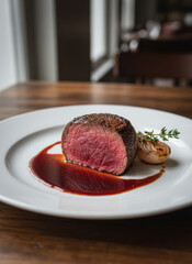 Gourmet Beef Tenderloin Fillet With Red Wine Reduction and Roasted Onion on Plate