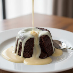Gooey Chocolate Lava Cake Drizzled with Cream Sauce on White Plate for Dessert Indulgence