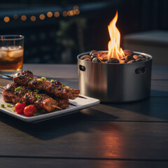Outdoor Grill Dinner With Skewered Meat, Fire Pit Centerpiece, And Whiskey Glass On Table Evening