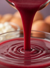 Rich Red Beet Juice Pouring Into Glass Bowl With Eggs In Background For Cooking And Health
