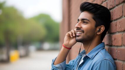 Young Indian man smiling while talking on phone outdoors near brick wall in casual denim shirt