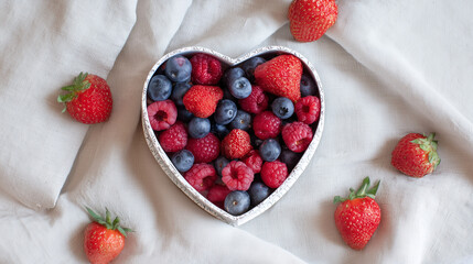 Heart-shaped bowl with fresh berries on linen cloth and strawberries around &mdash; sweet summer food flat lay