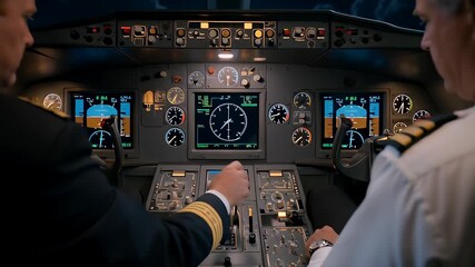 Two professional pilots monitoring illuminated avionics inside a dark airplane cockpit during a night flight, illustrating commercial aviation transport - Powered by Adobe