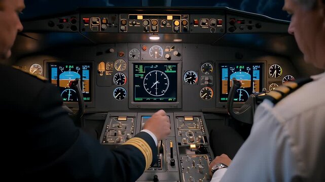 Two professional pilots monitoring illuminated avionics inside a dark airplane cockpit during a night flight, illustrating commercial aviation transport