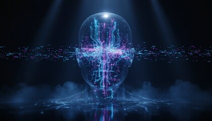 Abstract digital brain inside a glass head silhouette on a dark stage.