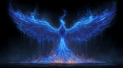 A majestic bird of rebirth rising from flames, rendered in ethereal blue and orange hues