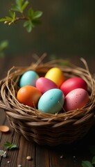 Nest of brightly colored eggs in a rustic wooden basket , background, bright