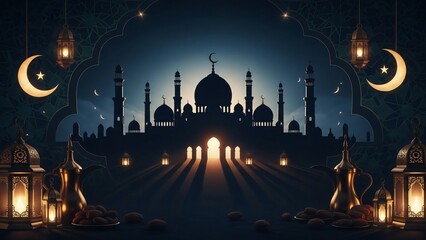 Naklejka premium Beautiful Ramadan Night Scene with Mosque Silhouette Celebrating Eid El-Fitr Islamic Traditions & Lanterns