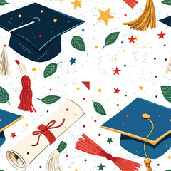Seamless Graduation Pattern with Mortarboard Hats and Academic Celebration Theme