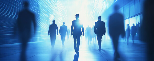 Obraz premium Business professionals walking in abstract blue background