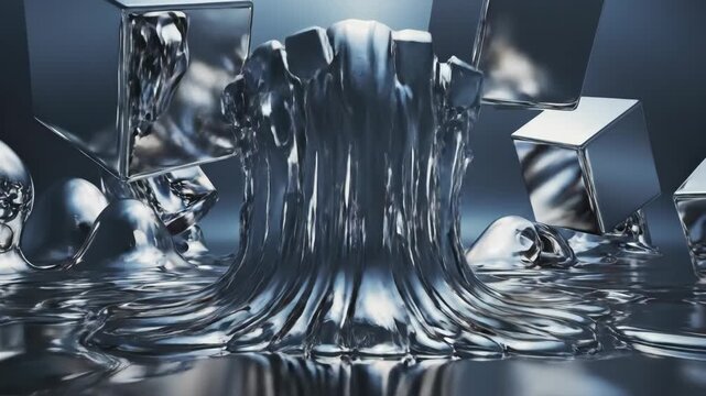 Silver cubes merging into liquid metal. Abstract dynamic motion of melted square blocks forming fluid surface computer animation.