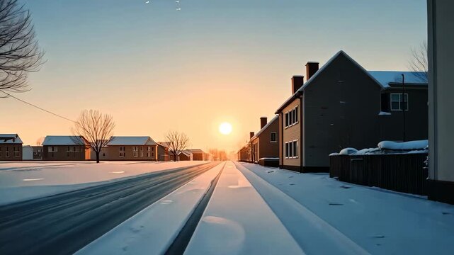 Tranquil winter sunset over snowy village street with lengthening shadows