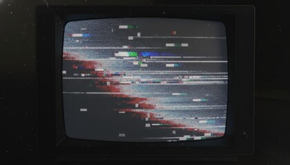 Retro 80s CRT TV screen with severe analog signal loss and VHS glitch noise.