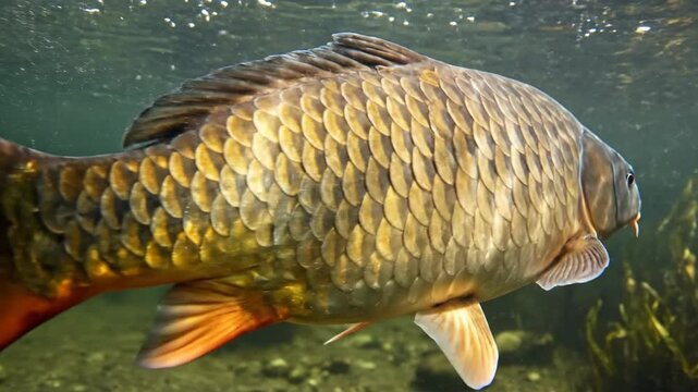 Underwater Carp Swimming Across Sunlit Lake Habitat.