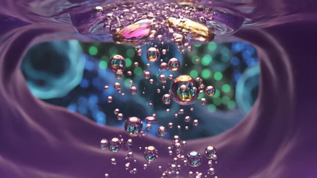 Abstract fluid motion with rising bubbles inside a vein-like structure with glowing cells, microfluidics concept.