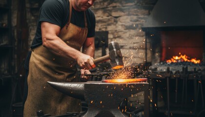 Blacksmith hammering hot metal on anvil creating sparks in the forge.