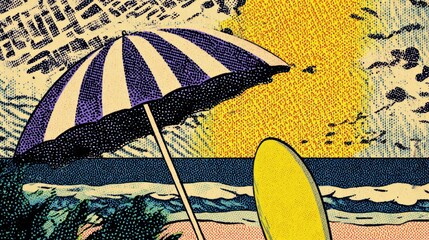 retro pop art illustration, pop-art beach illustration from the s with striped umbrella and surfboard, made with ben-day dots and cmyk halftone patterns authentic retro look with offset print